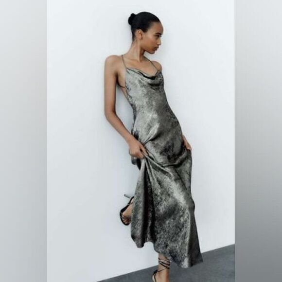 ZARA  BLOGGERS FOIL SLIP GRAY SILVER SATIN DRESS - Picture 6 of 14